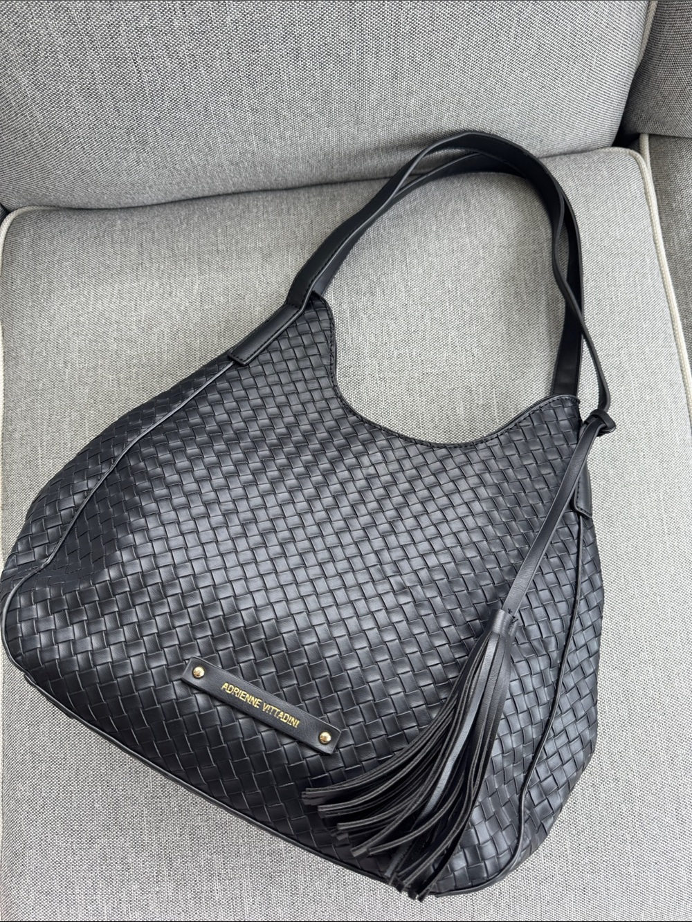 Adrienne Vittadini 3 section black faux basket weave  leather  shoulder bag